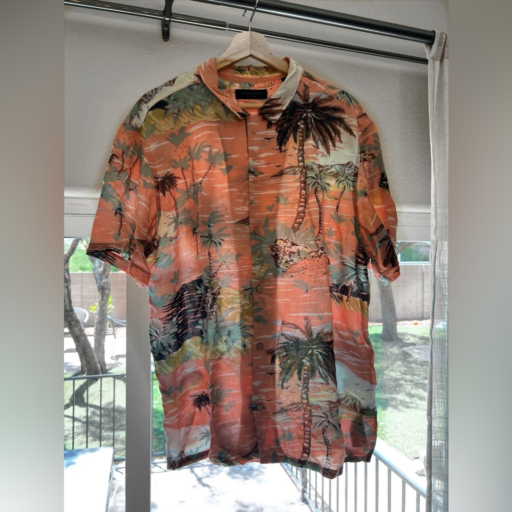 All Saints Men XL Mauve Beach Patter Short Sleeve Button Up 🏝️